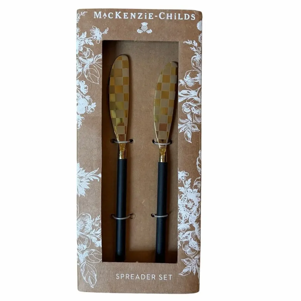 NEW Mackenzie-Childs Black Spreader Set of 2 Black & Gold Checked